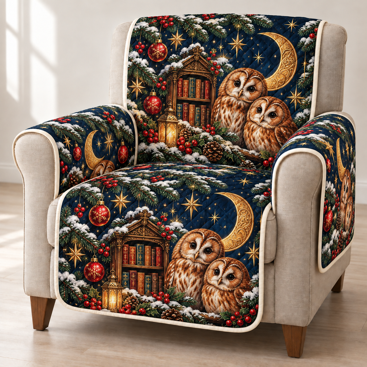 Owl Moon Library printed Christmas quilted sofa cover; design mockup showing a flat printed depth effect.