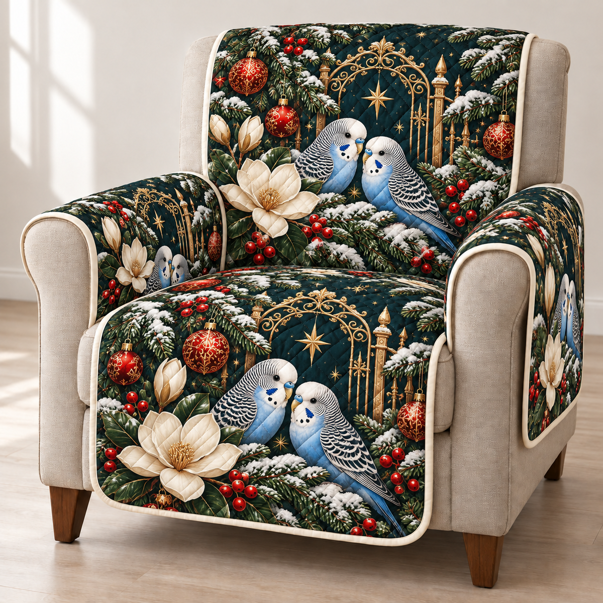 Parakeet Magnolia Gate printed Christmas quilted sofa cover; design mockup showing a flat printed depth effect.