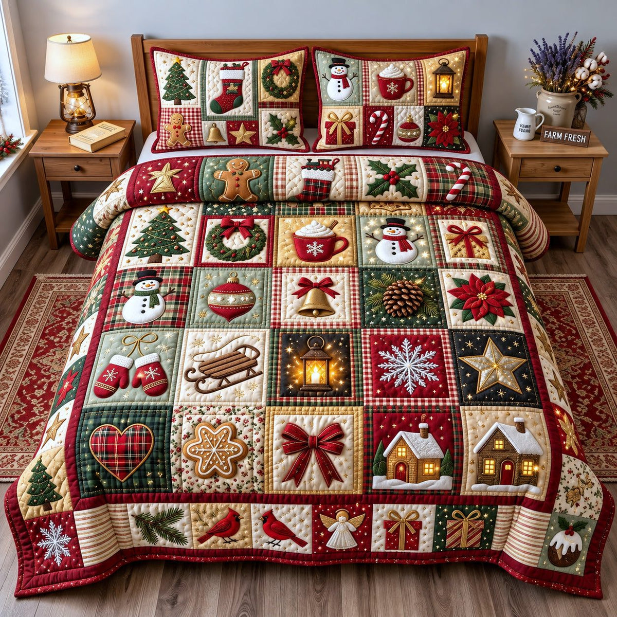 Christmas Patchwork quilted 3-piece bedding set on a made bed in a winter-styled bedroom