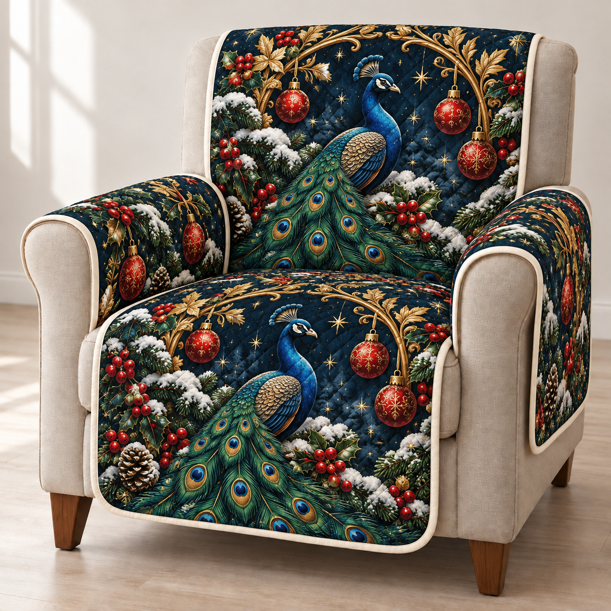 Peacock Jewel Arch printed Christmas quilted sofa cover; design mockup showing a flat printed depth effect.