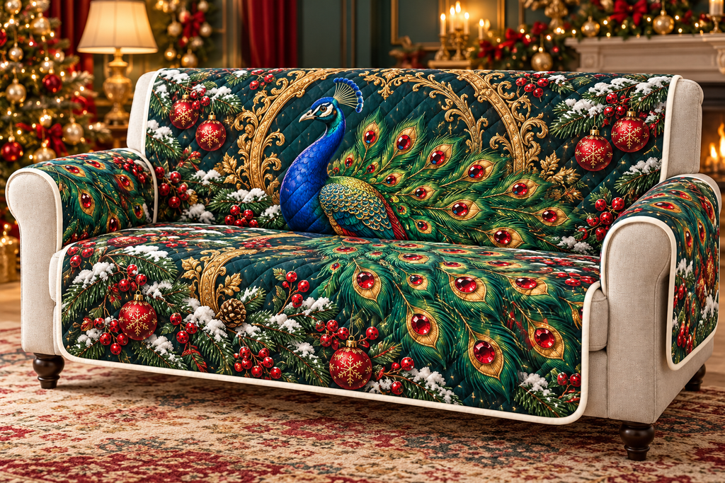 Peacock Ruby Fan Long printed Christmas quilted sofa cover; design mockup showing a flat printed depth effect.