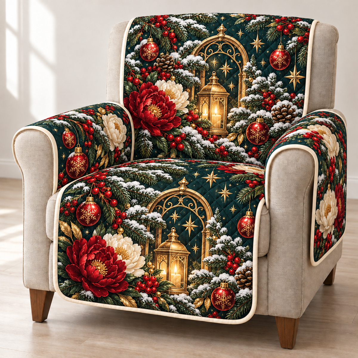 Peony Golden Lantern Arch printed Christmas quilted sofa cover; design mockup showing a flat printed depth effect.