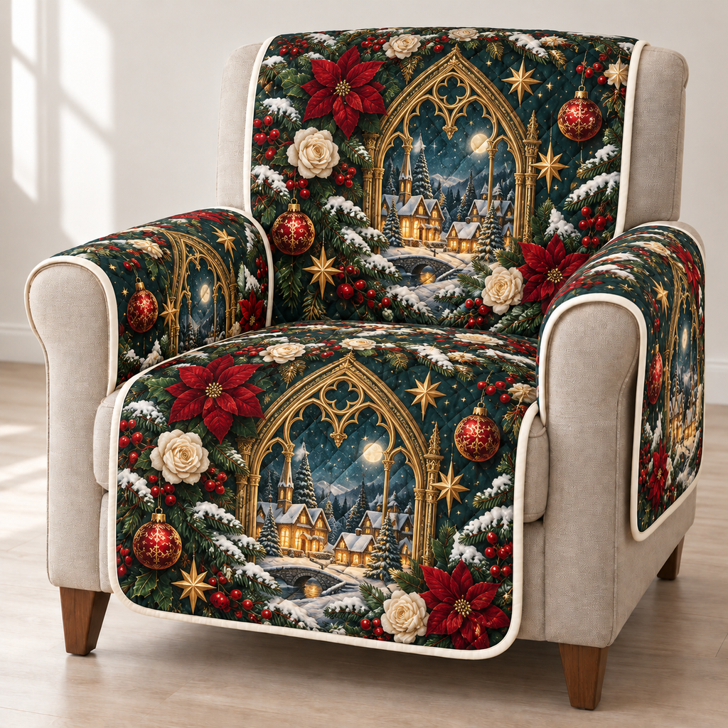 Poinsettia Cathedral Window printed Christmas quilted sofa cover; design mockup showing a flat printed depth effect.