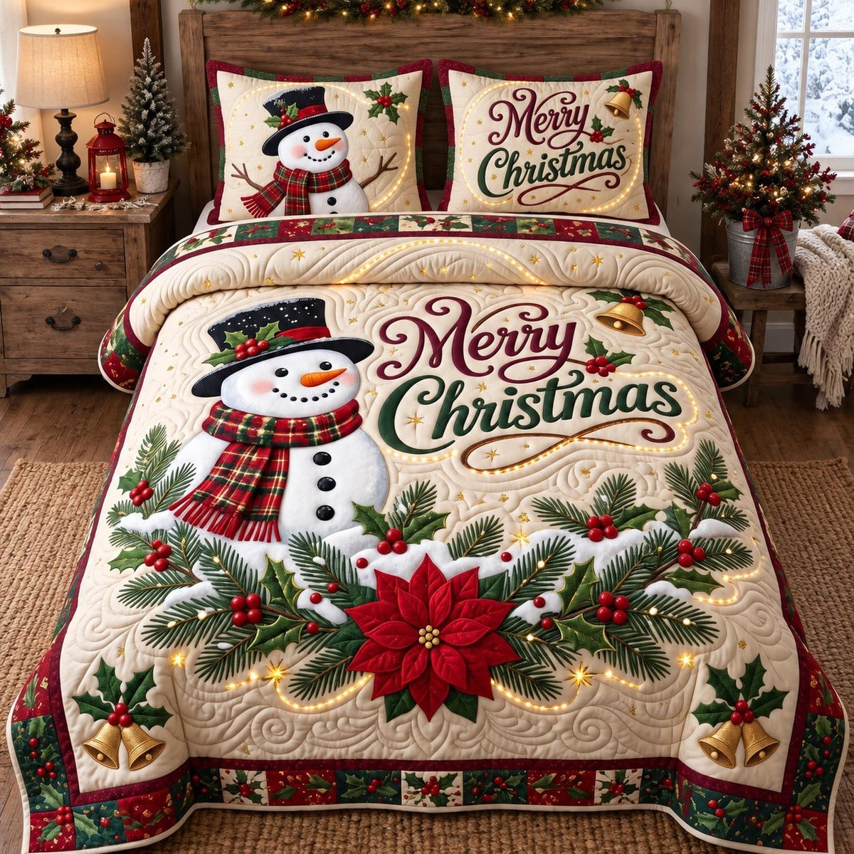 Christmas Poinsettia Snowman quilted 3-piece bedding set on a made bed in a winter-styled bedroom