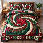 Christmas Poinsettia Whirlpool quilted 3-piece bedding set on a made bed in a winter-styled bedroom