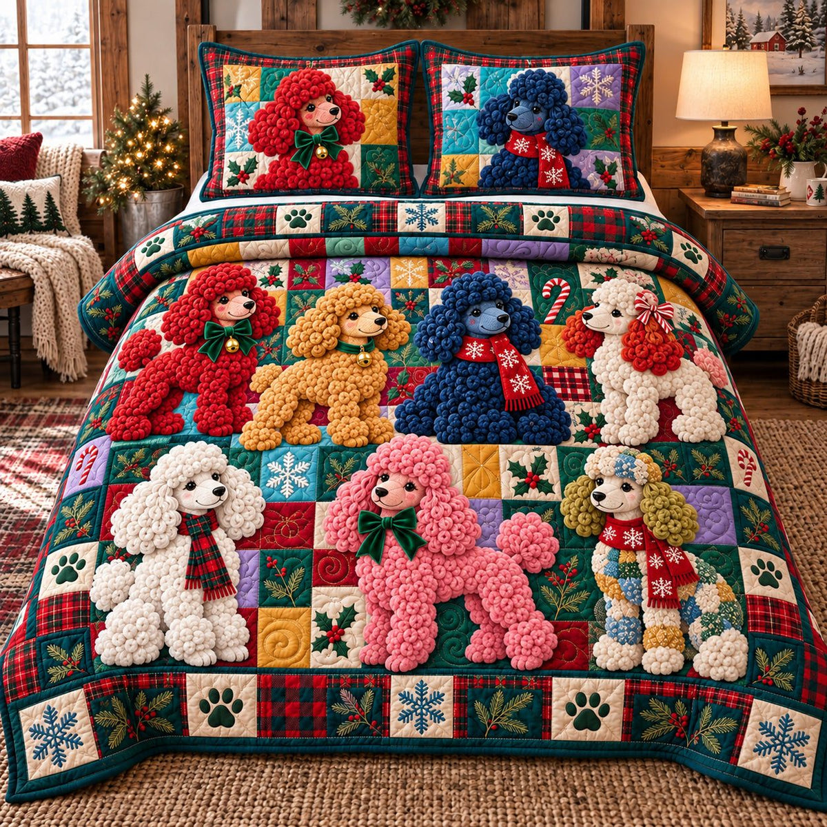 Christmas Poodle Party quilted 3-piece bedding set on a made bed in a winter-styled bedroom