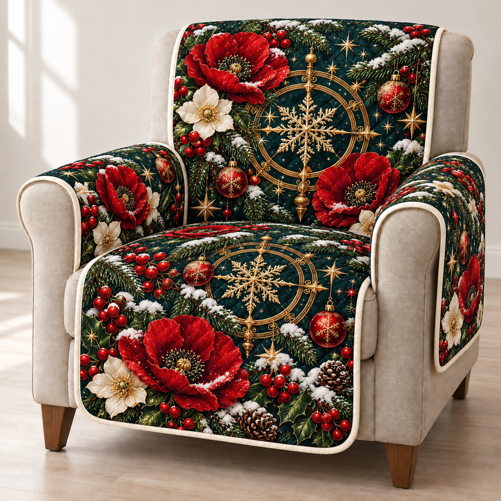 Poppy Golden Astrolabe printed Christmas quilted sofa cover; design mockup showing a flat printed depth effect.