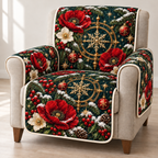 Poppy Golden Astrolabe printed Christmas quilted sofa cover; design mockup showing a flat printed depth effect.