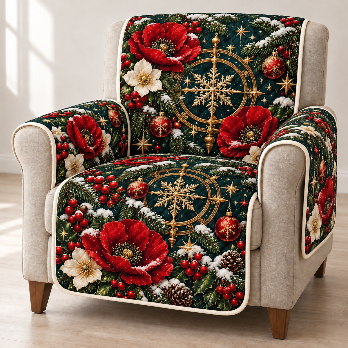 Poppy Golden Astrolabe printed Christmas quilted sofa cover; design mockup showing a flat printed depth effect.