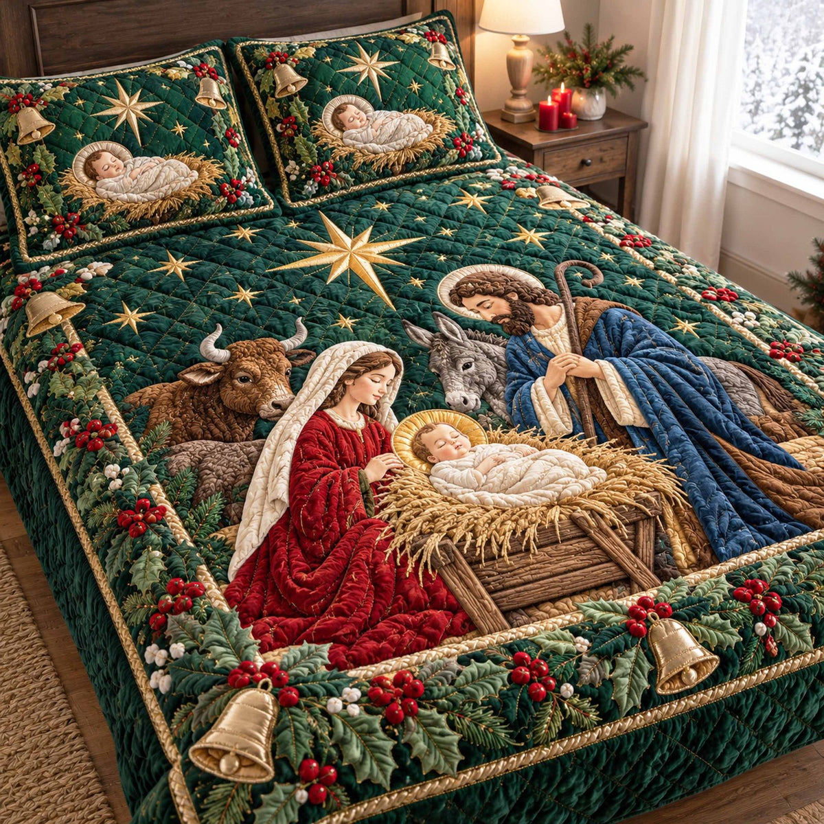 Christmas Promise quilted 3-piece bedding set on a made bed in a winter-styled bedroom