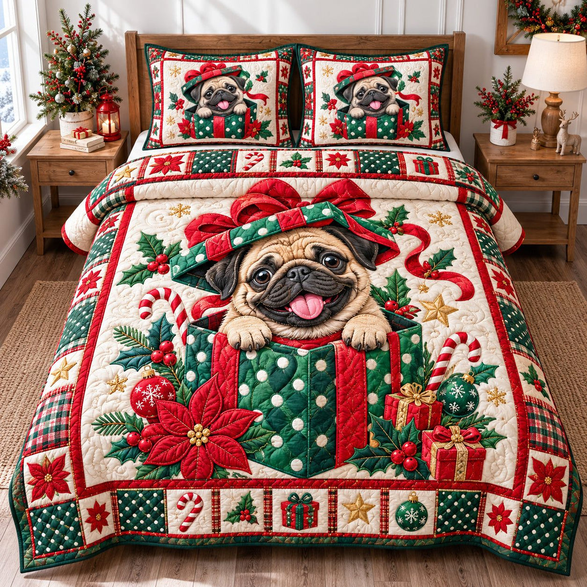 Christmas Pug Delight quilted 3-piece bedding set on a made bed in a winter-styled bedroom