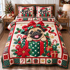 Christmas Pug Delight quilted 3-piece bedding set on a made bed in a winter-styled bedroom