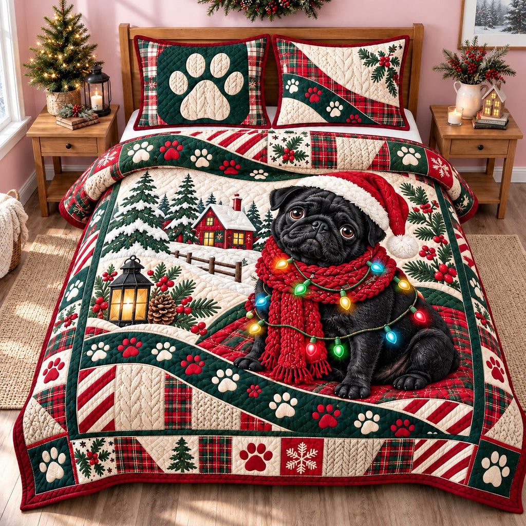 Christmas Pug Festivity quilted 3-piece bedding set on a made bed in a winter-styled bedroom