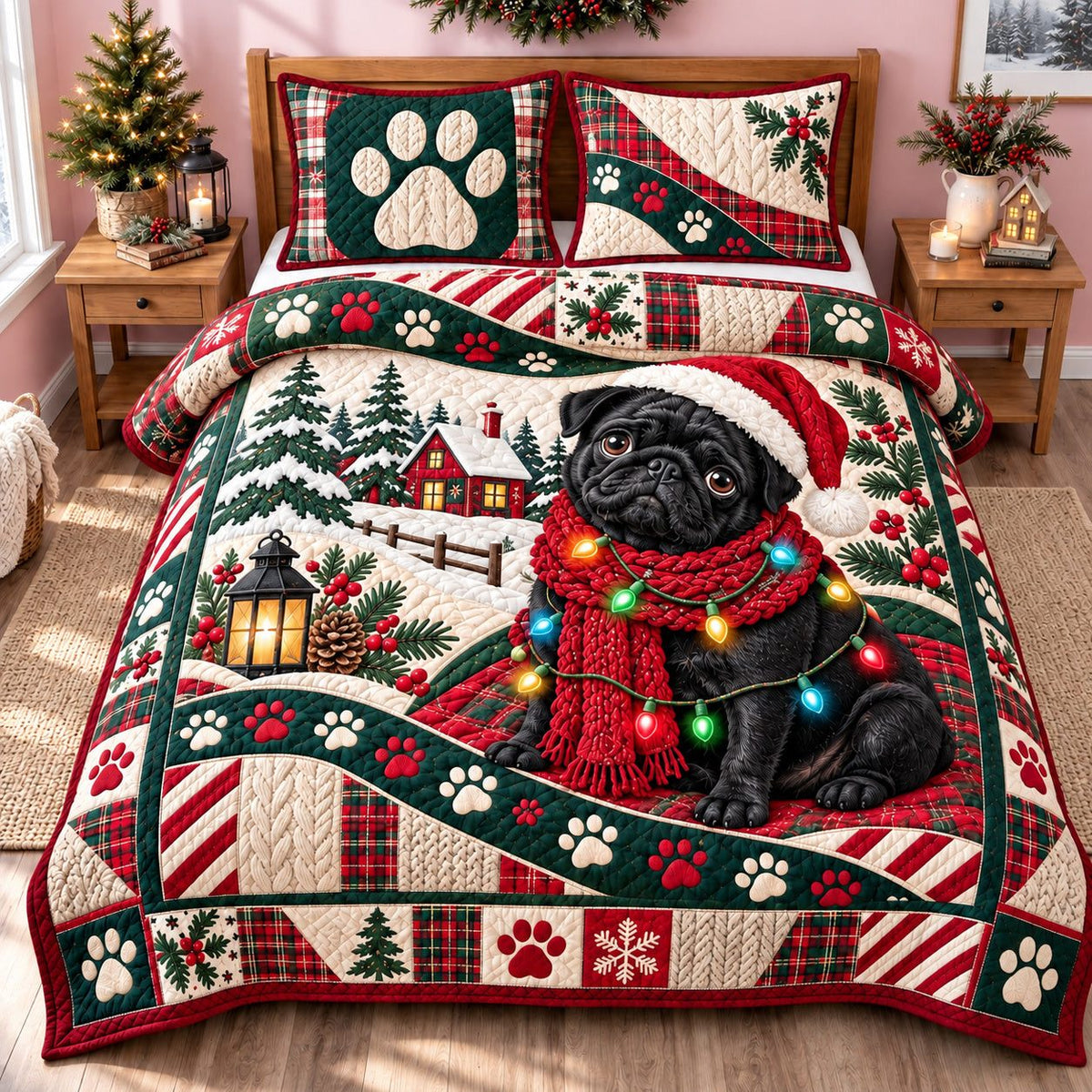 Christmas Pug Festivity quilted 3-piece bedding set on a made bed in a winter-styled bedroom