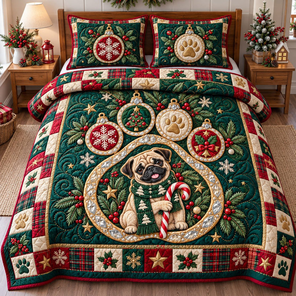 Christmas Pug Joys quilted 3-piece bedding set on a made bed in a winter-styled bedroom