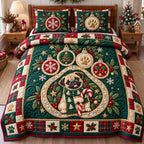 Christmas Pug Joys quilted 3-piece bedding set on a made bed in a winter-styled bedroom