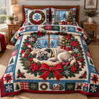 Christmas Pug Sleep quilted 3-piece bedding set on a made bed in a winter-styled bedroom