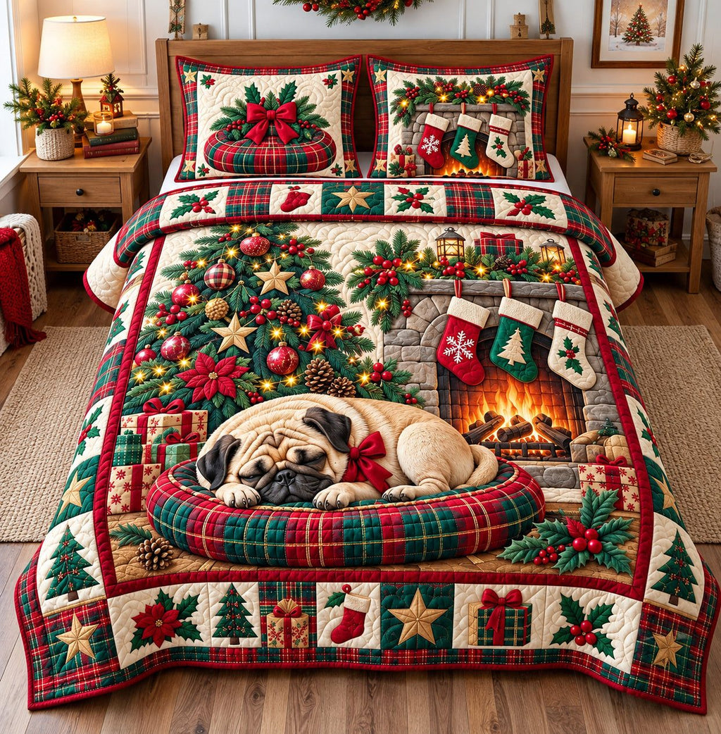 Christmas Pug Sleeping quilted 3-piece bedding set on a made bed in a winter-styled bedroom