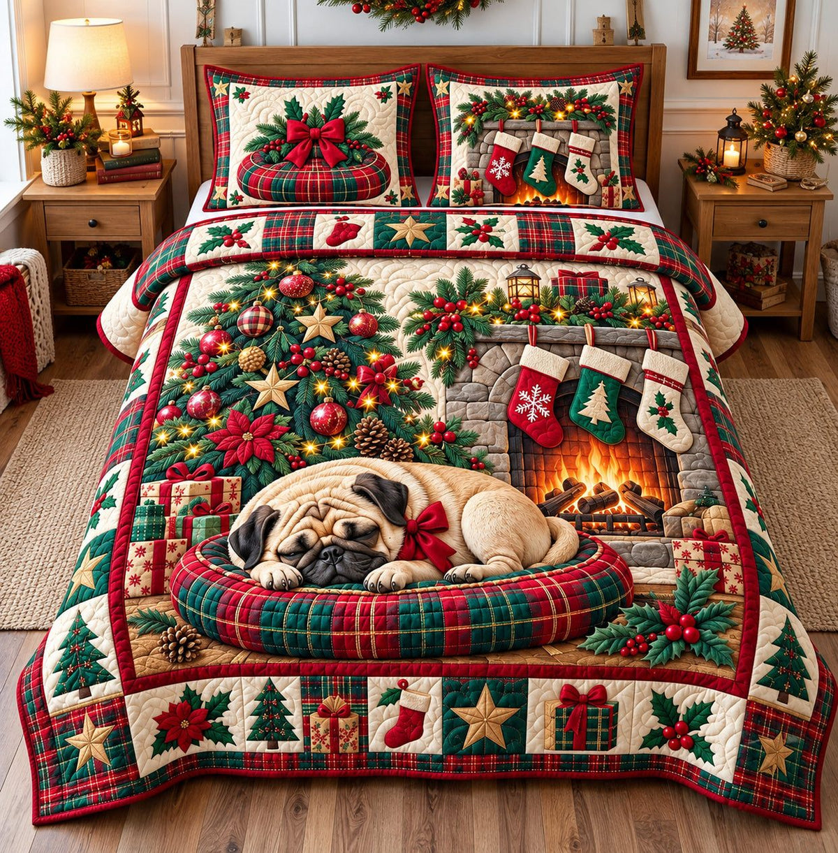 Christmas Pug Sleeping quilted 3-piece bedding set on a made bed in a winter-styled bedroom