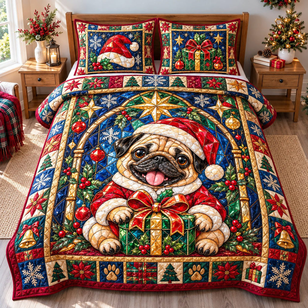 Christmas Pug Wonderlands quilted 3-piece bedding set on a made bed in a winter-styled bedroom