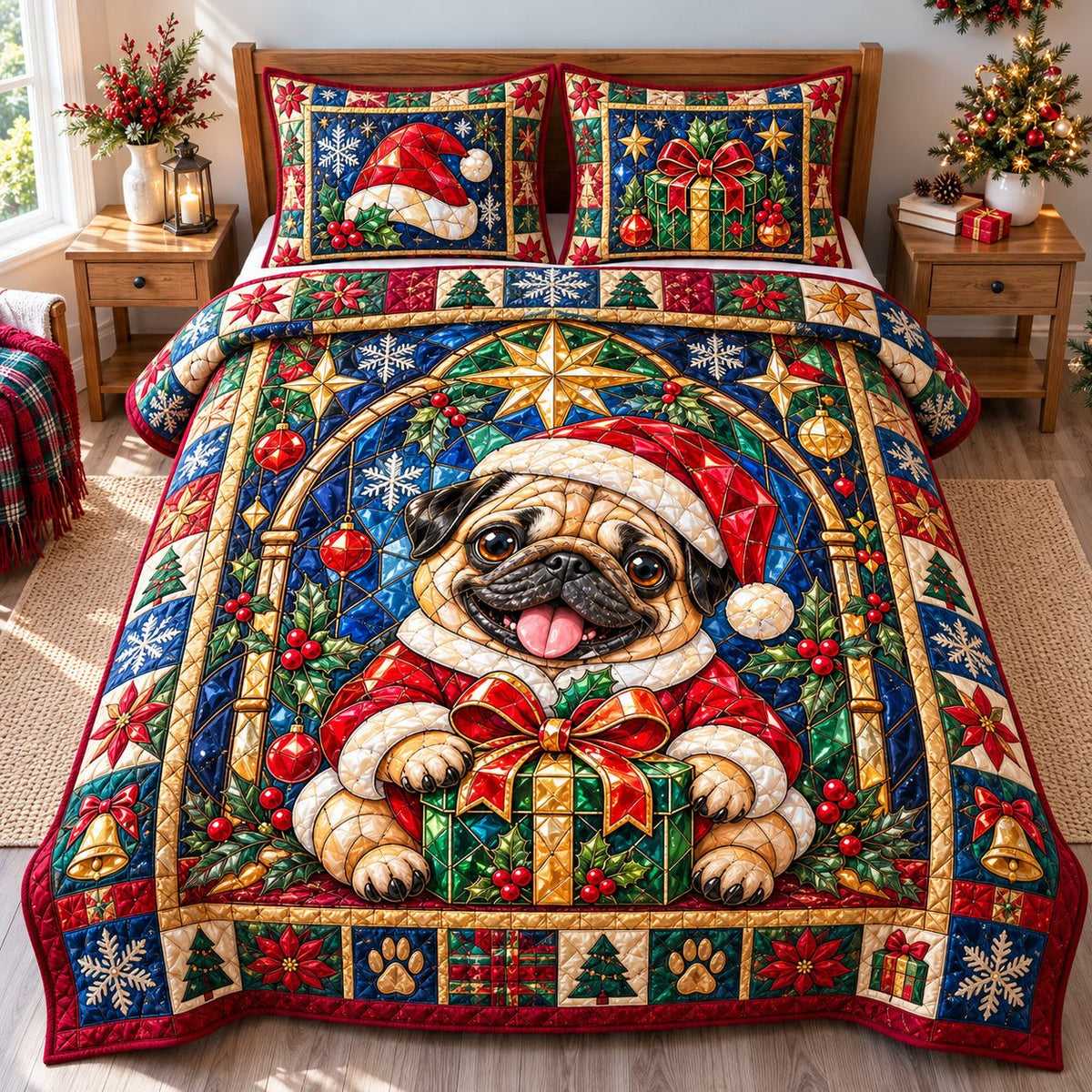 Christmas Pug Wonderlands quilted 3-piece bedding set on a made bed in a winter-styled bedroom