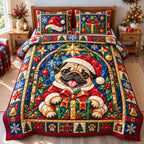 Christmas Pug Wonderlands quilted 3-piece bedding set on a made bed in a winter-styled bedroom