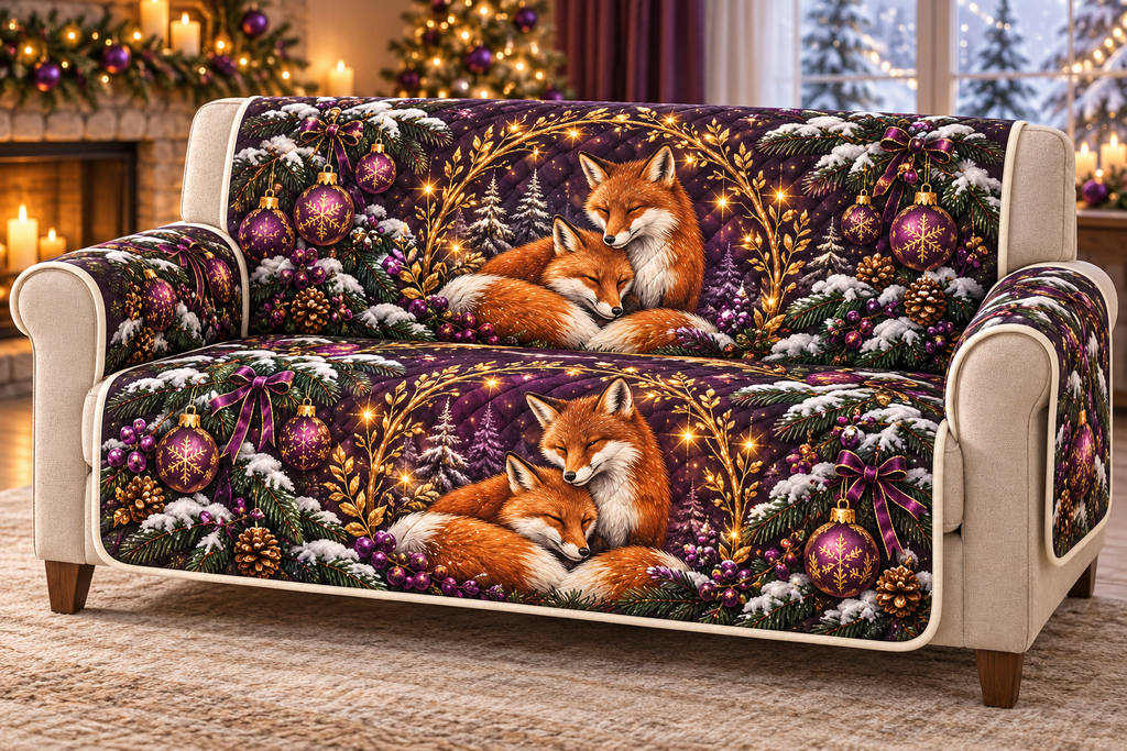 Red Fox Amethyst Arch Long printed Christmas quilted sofa cover; design mockup showing a flat printed depth effect.