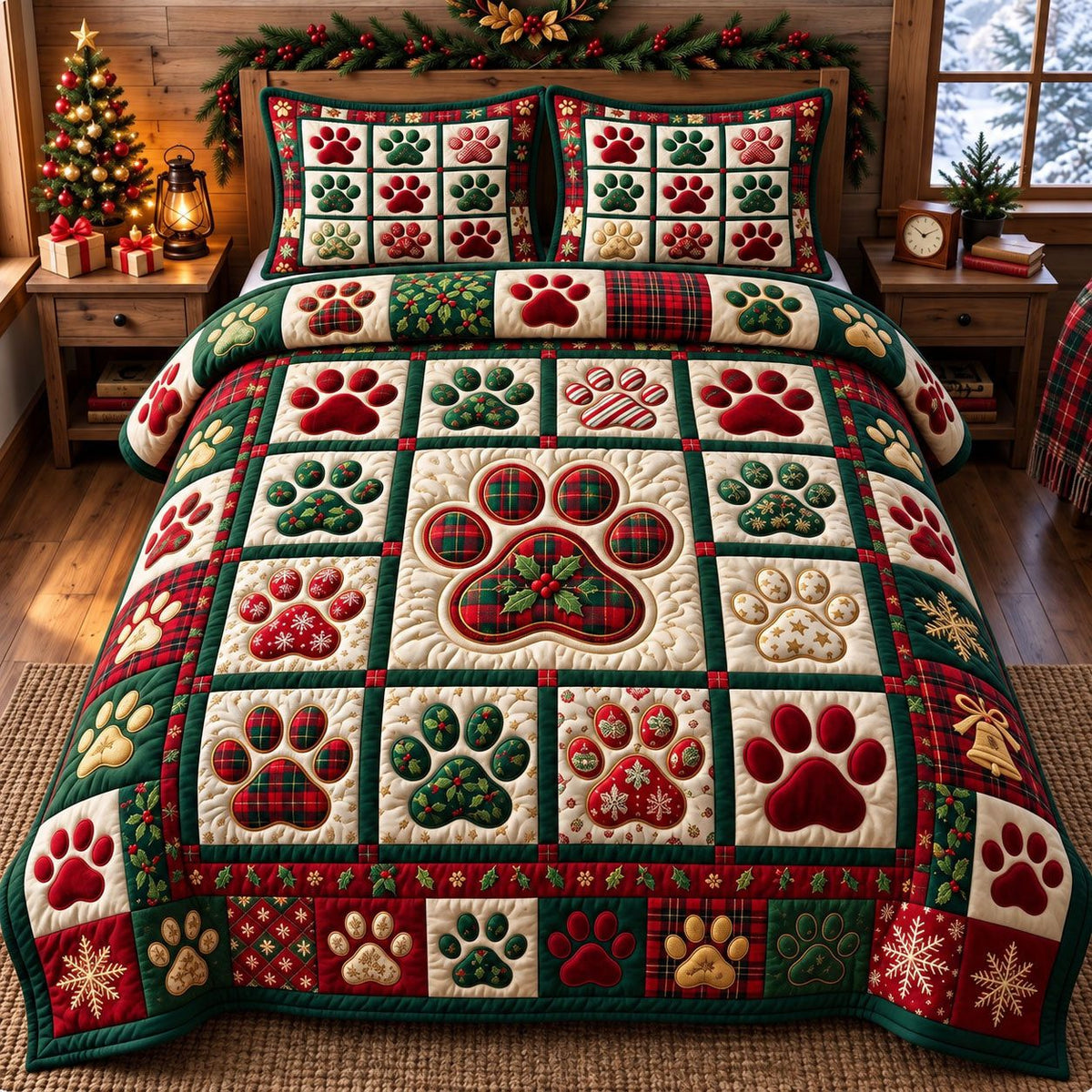 Christmas Red Paw Print quilted 3-piece bedding set on a made bed in a winter-styled bedroom