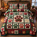 Christmas Red Paw Print quilted 3-piece bedding set on a made bed in a winter-styled bedroom