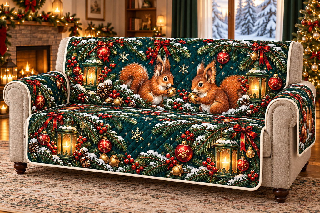 Red Squirrel Emerald Lantern Long printed Christmas quilted sofa cover; design mockup showing a flat printed depth effect.