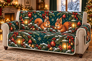 Christmas Red Squirrel Emerald Lantern Long Sofa Cover
