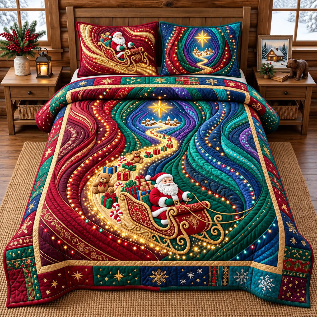Christmas Ribbon Canyon quilted 3-piece bedding set on a made bed in a winter-styled bedroom