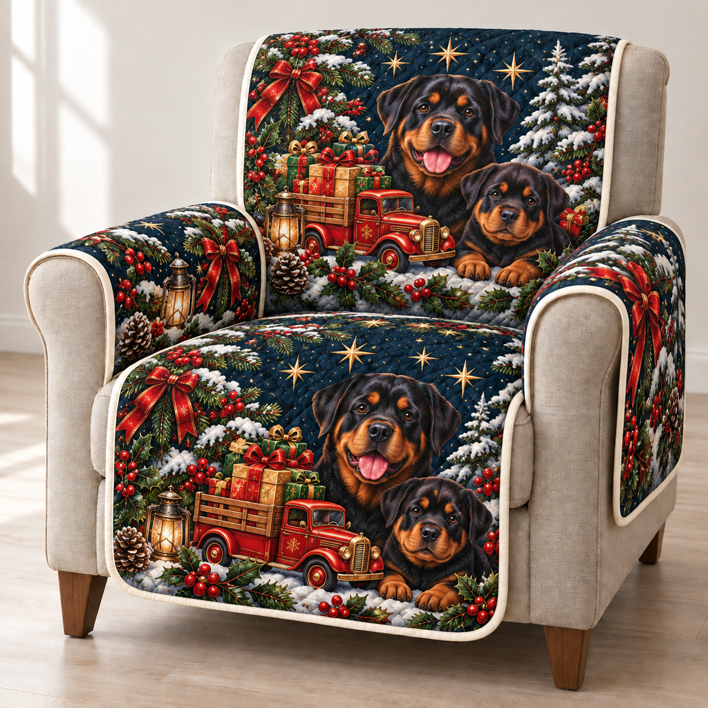 Rottweiler Toy Delivery Truck printed Christmas quilted sofa cover; design mockup showing a flat printed depth effect.
