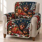 Rottweiler Toy Delivery Truck printed Christmas quilted sofa cover; design mockup showing a flat printed depth effect.