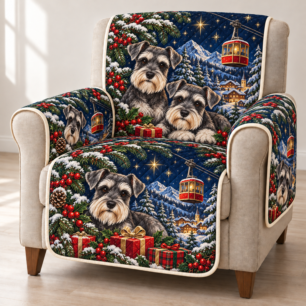 Schnauzer Toy Cable Car printed Christmas quilted sofa cover; design mockup showing a flat printed depth effect.