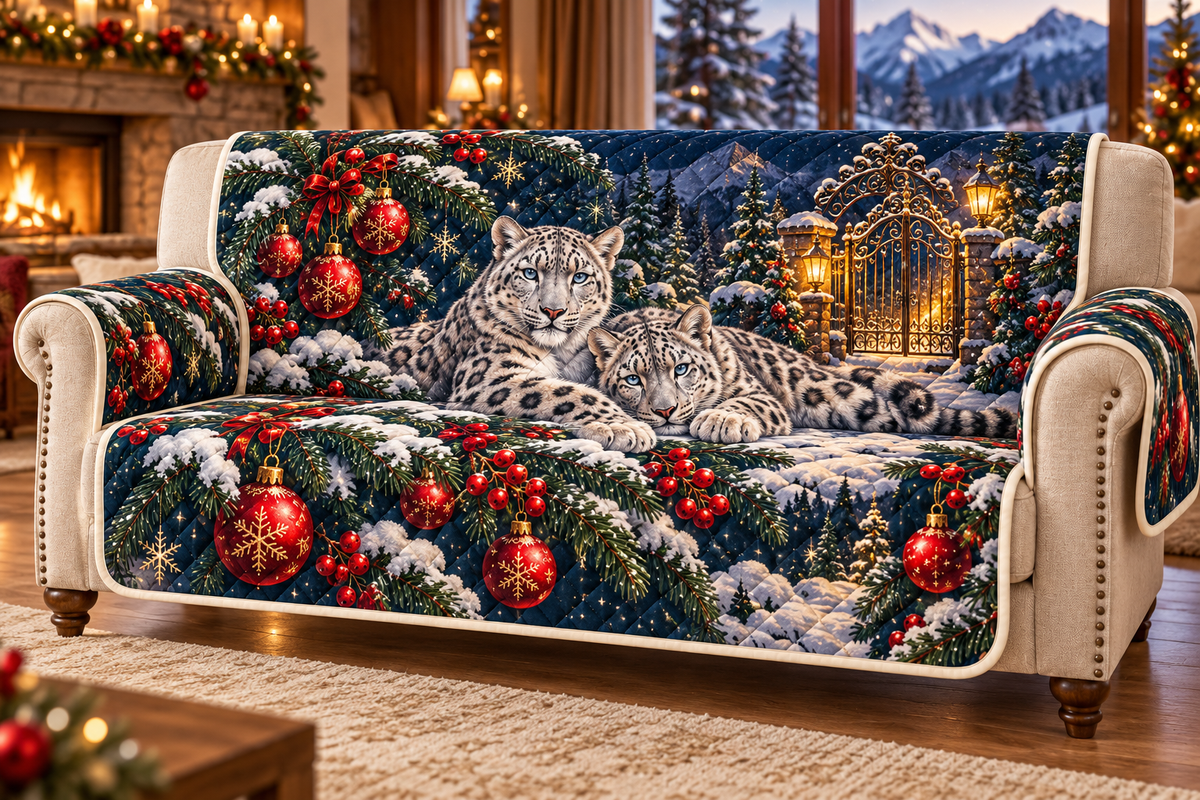 Snow Leopard Ruby Gate Long printed Christmas quilted sofa cover; design mockup showing a flat printed depth effect.