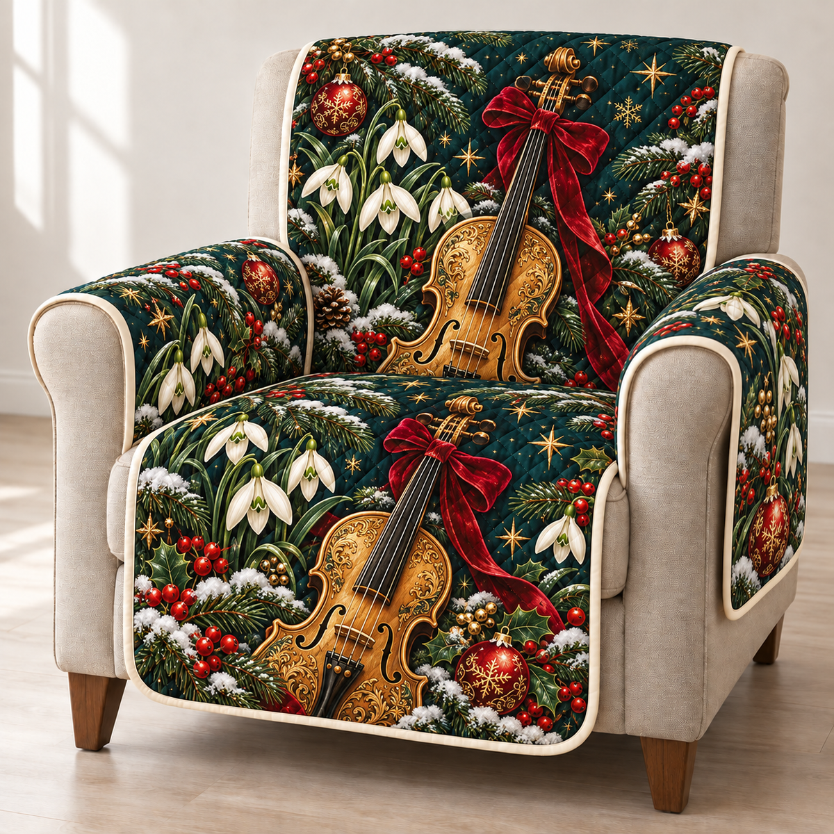 Snowdrop Golden Violin printed Christmas quilted sofa cover; design mockup showing a flat printed depth effect.