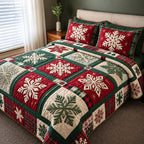 Christmas Snowflake quilted 3-piece bedding set on a made bed in a winter-styled bedroom