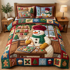 Christmas Snowman Baking quilted 3-piece bedding set on a made bed in a winter-styled bedroom