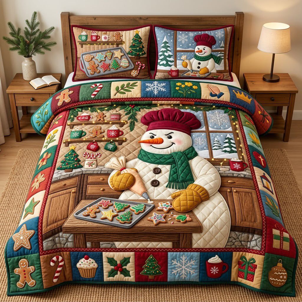 Christmas Snowman Baking quilted 3-piece bedding set on a made bed in a winter-styled bedroom