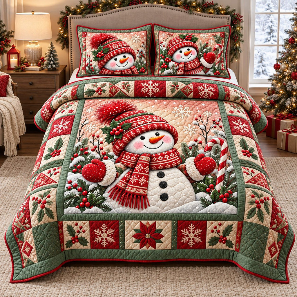 Christmas Snowman Joy quilted 3-piece bedding set on a made bed in a winter-styled bedroom