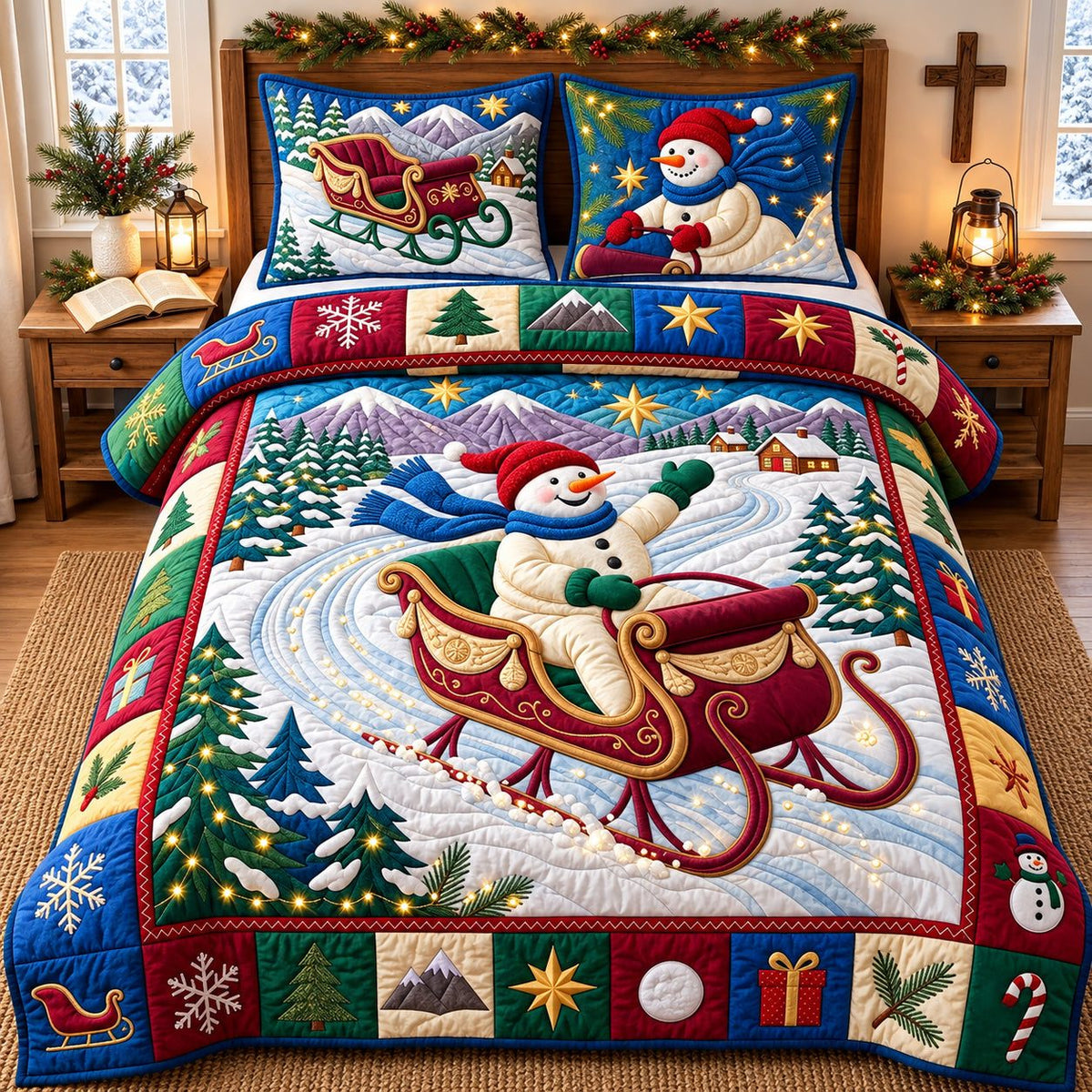 Christmas Snowman Sleigh Racing quilted 3-piece bedding set on a made bed in a winter-styled bedroom