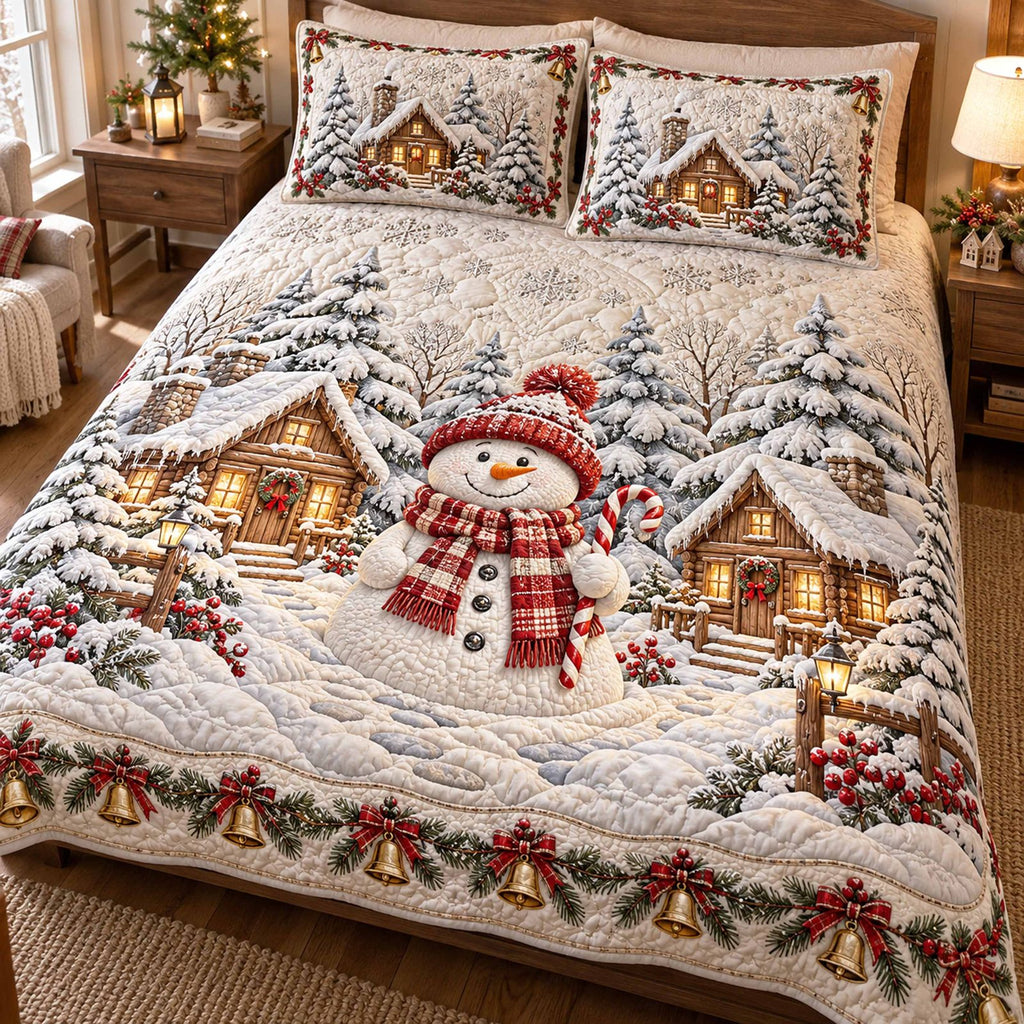 Christmas Snowmen quilted 3-piece bedding set on a made bed in a winter-styled bedroom