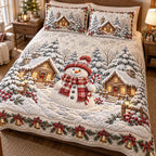 Christmas Snowmen quilted 3-piece bedding set on a made bed in a winter-styled bedroom