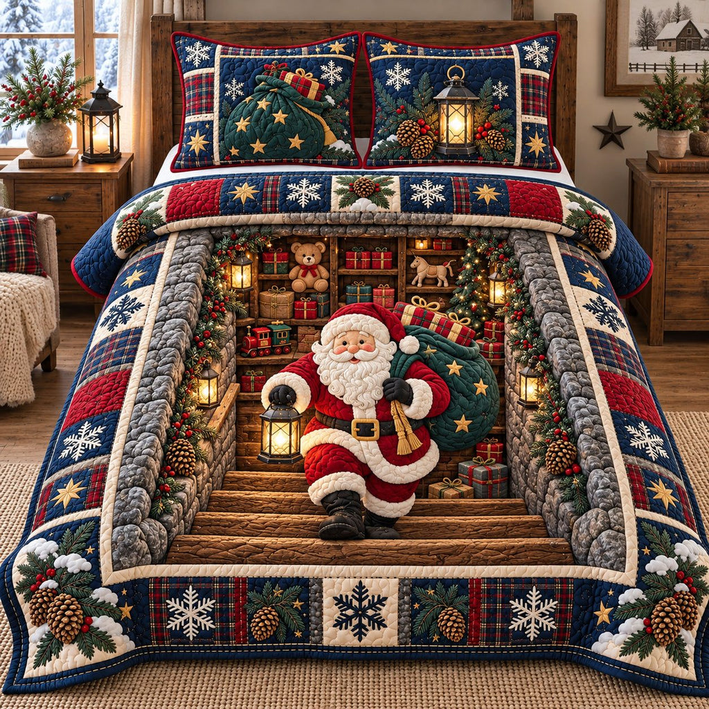 Christmas Staircase Santa quilted 3-piece bedding set on a made bed in a winter-styled bedroom