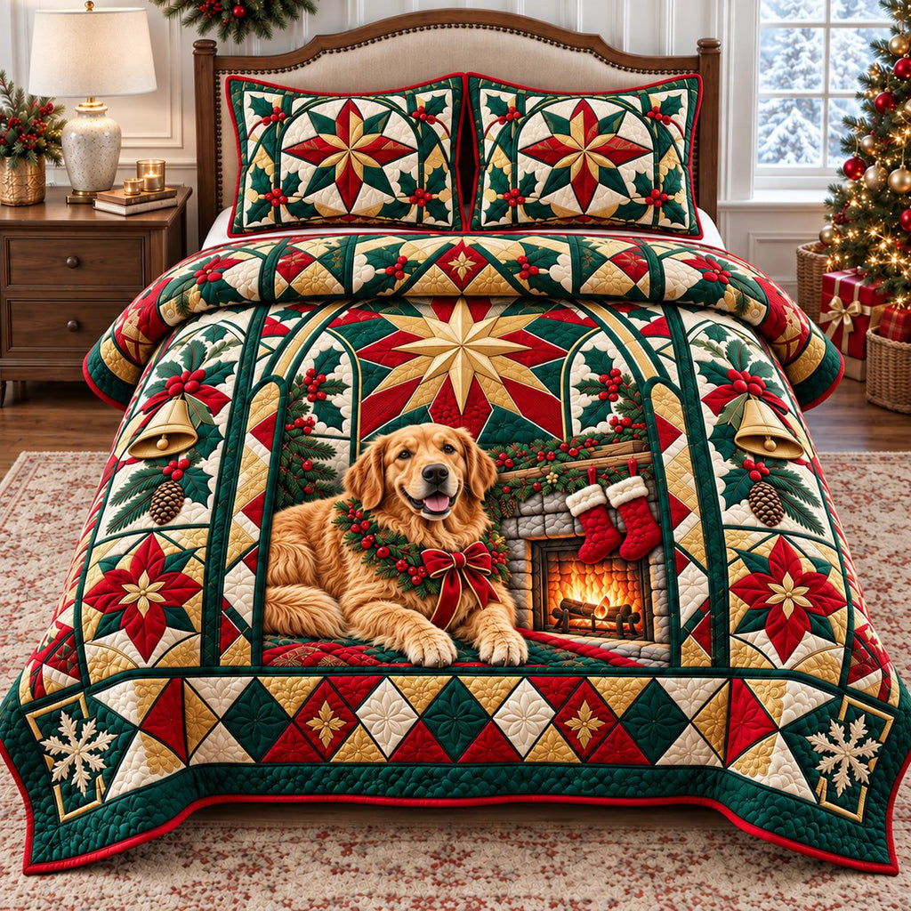 Christmas Star Golden Retriever quilted 3-piece bedding set on a made bed in a winter-styled bedroom