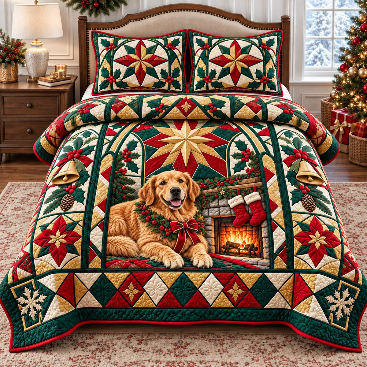 Christmas Star Golden Retriever quilted 3-piece bedding set on a made bed in a winter-styled bedroom