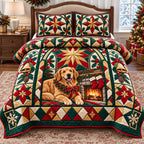 Christmas Star Golden Retriever quilted 3-piece bedding set on a made bed in a winter-styled bedroom