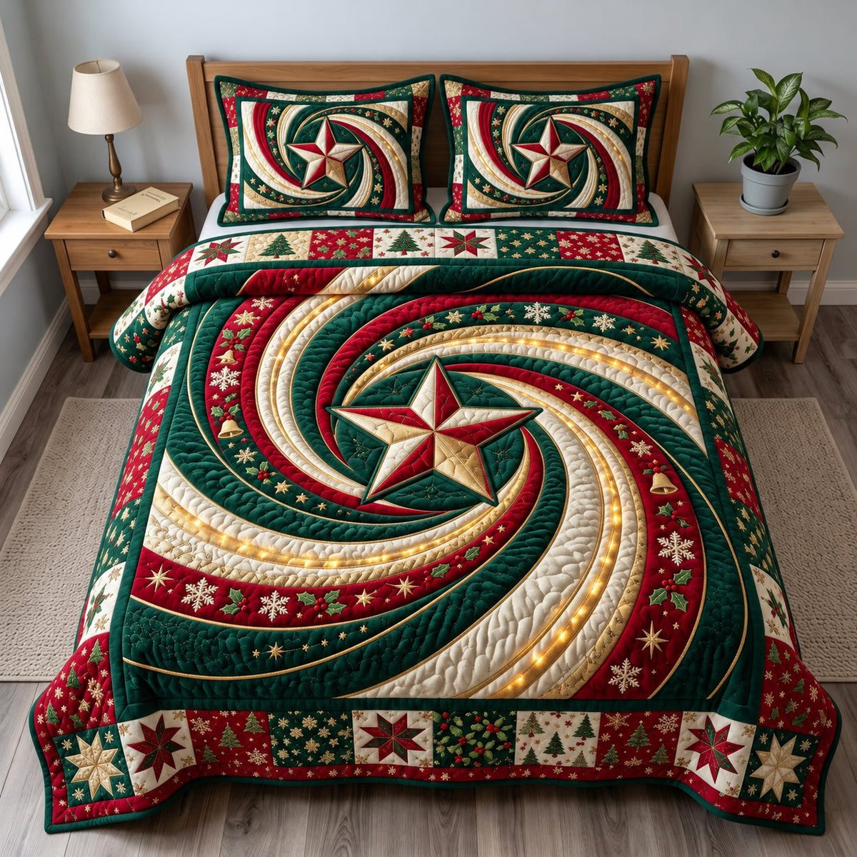 Christmas Star Vortex quilted 3-piece bedding set on a made bed in a winter-styled bedroom