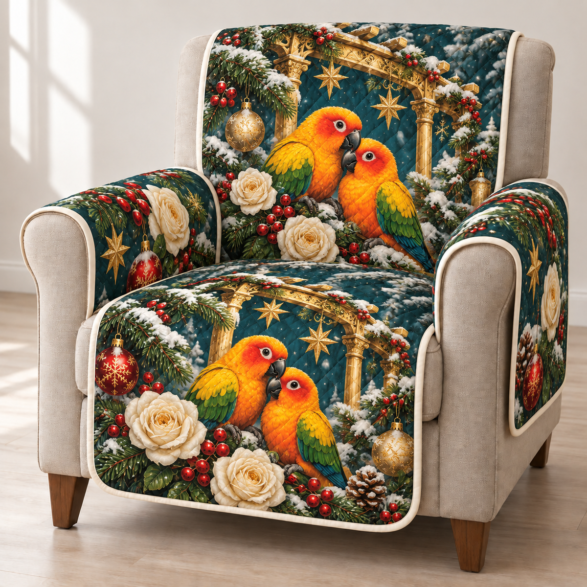 Sun Conure Golden Pergola printed Christmas quilted sofa cover; design mockup showing a flat printed depth effect.